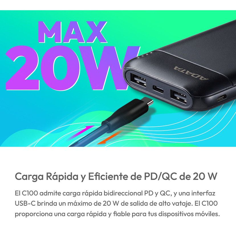 powerbank adata c100 10000mah multi carga rápida usb c 20w powerbank adata c100 10000mah multi carga rápida usb c 20w